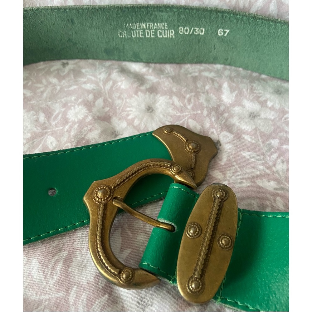 Vintage UMESCO PARIS Green Leather Belt with Brass Buckle Size S